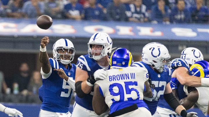 Oct 1, 2023; Indianapolis, Indiana, USA; Indianapolis Colts quarterback Anthony Richardson (5) passes the ball in the second half against the Los Angeles Rams at Lucas Oil Stadium. Mandatory Credit: Trevor Ruszkowski-Imagn Images Oct 1, 2023; Indianapolis, Indiana, USA; Indianapolis Colts quarterback Anthony Richardson (5) passes the ball in the second half against the Los Angeles Rams at Lucas Oil Stadium. Mandatory Credit: Trevor Ruszkowski-Imagn Images