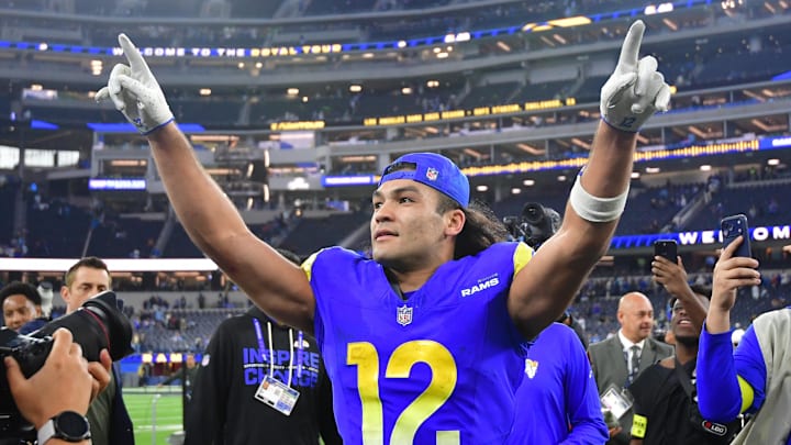 Dec 14, 2025; Inglewood, California, USA; Los Angeles Rams wide receiver Puka Nacua (12) celebrates after defeating the Detroit Lions at SoFi Stadium. Mandatory Credit: Gary A. Vasquez-Imagn Images