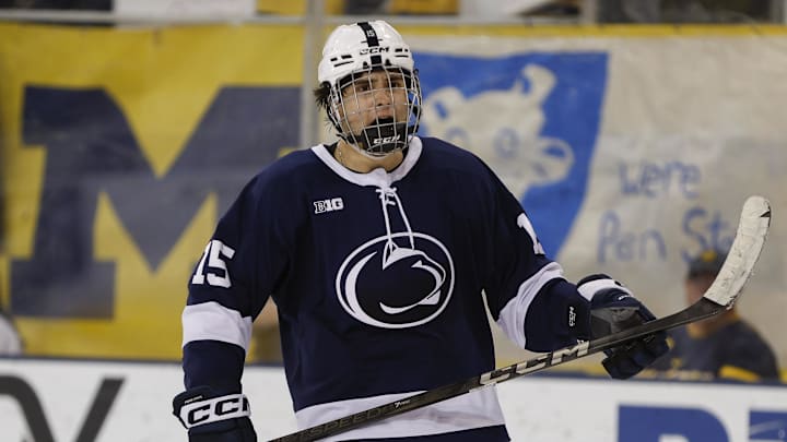 March 8, 2025; Ann Arbor, Michigan, USA; Penn State forward Charlie Cerrato (15) celebrates a penalty goal in the third period at Yost Ice Arena. Mandatory Credit: Brian Bradshaw Sevald-Imagn Images March 8, 2025; Ann Arbor, Michigan, USA; Penn State forward Charlie Cerrato (15) celebrates a penalty goal in the third period at Yost Ice Arena. Mandatory Credit: Brian Bradshaw Sevald-Imagn Images