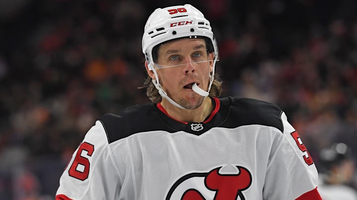 Mar 9, 2025; Philadelphia, Pennsylvania, USA; New Jersey Devils left wing Erik Haula (56) against the Philadelphia Flyers at Wells Fargo Center. Mandatory Credit: Eric Hartline-Imagn Images