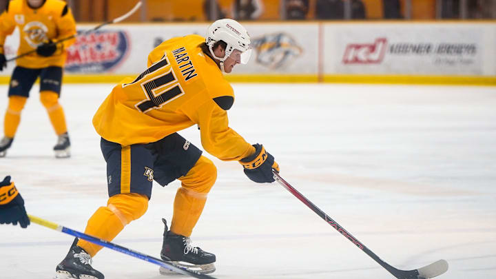 Gold team forward Brady Martin (44) skates with the puck during the Future Stars Game at the Ford Ice Center Bellevue in Nashville, Tenn., Saturday, July 5, 2025.