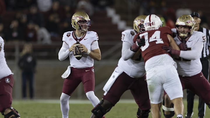 Oct 18, 2025; Stanford, California, USA;  Florida State Seminoles quarterback Kevin Sperry (9) looks to throw the football during the fourth quarter against the Stanford Cardinal at Stanford Stadium. Mandatory Credit: Stan Szeto-Imagn Images