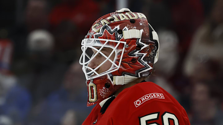 Feb 20, 2025; Boston, MA, USA; [Imagn Images direct customers only] Team Canada goaltender Jordan Binnington (50) during the 4 Nations Face-Off ice hockey championship game against the United States at TD Garden. Mandatory Credit: Winslow Townson-Imagn Images