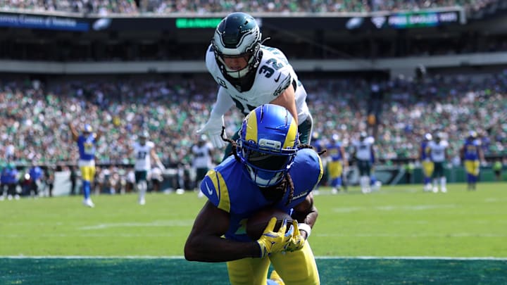 Sep 21, 2025; Philadelphia, Pennsylvania, USA; Los Angeles Rams wide receiver Davante Adams (17) makes a touchdown catch over Philadelphia Eagles safety Reed Blankenship (32) during the first half at Lincoln Financial Field. Mandatory Credit: Bill Streicher-Imagn Images Sep 21, 2025; Philadelphia, Pennsylvania, USA; Los Angeles Rams wide receiver Davante Adams (17) makes a touchdown catch over Philadelphia Eagles safety Reed Blankenship (32) during the first half at Lincoln Financial Field. Mandatory Credit: Bill Streicher-Imagn Images
