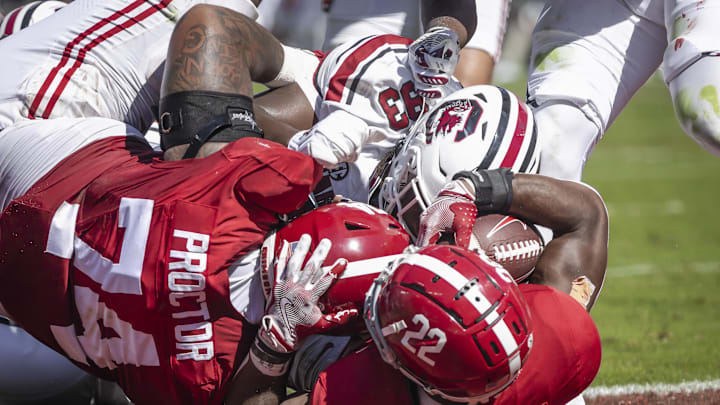 Oct 12, 2024; Tuscaloosa, Alabama, USA; South Carolina Gamecocks defensive tackle Nick Barrett (93) brings down Alabama Crimson Tide running back Justice Haynes (22) as he scores a touchdown against the South Carolina Gamecocks during the second quarter at Bryant-Denny Stadium. Mandatory Credit: Will McLelland-Imagn Images Oct 12, 2024; Tuscaloosa, Alabama, USA; South Carolina Gamecocks defensive tackle Nick Barrett (93) brings down Alabama Crimson Tide running back Justice Haynes (22) as he scores a touchdown against the South Carolina Gamecocks during the second quarter at Bryant-Denny Stadium. Mandatory Credit: Will McLelland-Imagn Images