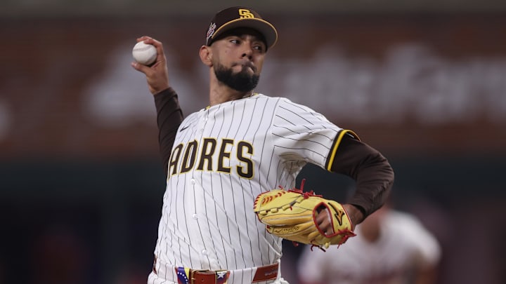 Jul 15, 2025; Cumberland, Georgia, USA; National League pitcher Robert Suarez (75) of the San Diego Padres pitches in the ninth inning during the 2025 MLB All Star Game at Truist Park. Mandatory Credit: Brett Davis-Imagn Images