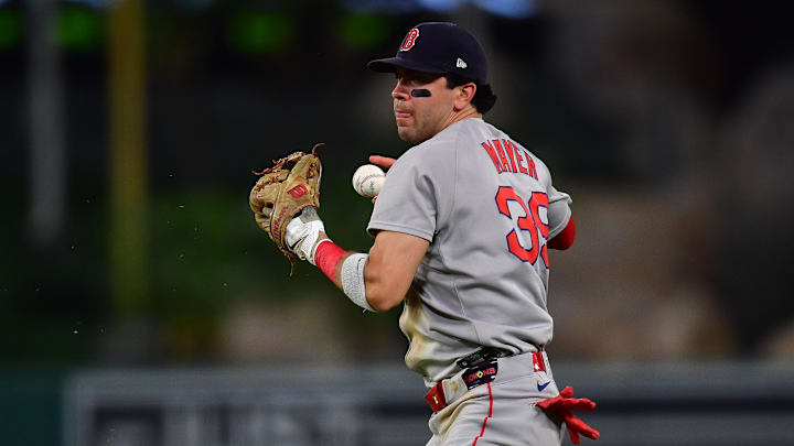 Jun 24, 2025; Anaheim, California, USA; Boston Red Sox second baseman Marcelo Mayer (39) loses control of the ball for the throw to first against Los Angeles Angels center fielder Jo Adell (7). during the seventh inning at Angel Stadium. Mandatory Credit: Gary A. Vasquez-Imagn Images Jun 24, 2025; Anaheim, California, USA; Boston Red Sox second baseman Marcelo Mayer (39) loses control of the ball for the throw to first against Los Angeles Angels center fielder Jo Adell (7). during the seventh inning at Angel Stadium. Mandatory Credit: Gary A. Vasquez-Imagn Images