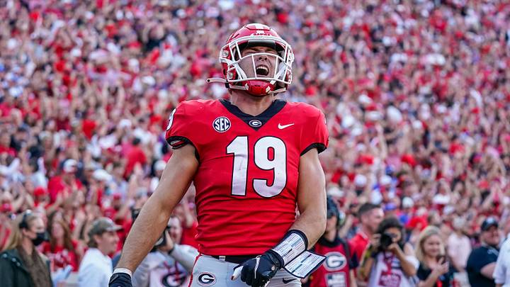 Oct 16, 2021; Athens, Georgia, USA; Georgia Bulldogs tight end Brock Bowers (19) reacts after scoring a touchdown against the Kentucky Wildcats during the second half at Sanford Stadium. Mandatory Credit: Dale Zanine-USA TODAY Sports
