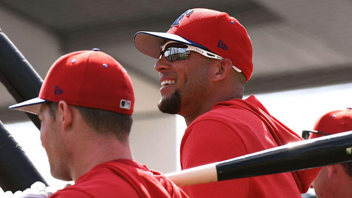Mar 14, 2019; Port Charlotte, FL, USA; Philadelphia Phillies coach Pedro Guerrero (60) watches batting practice before the start of the spring training game against the Tampa Bay Rays at Charlotte Sports Park. Mar 14, 2019; Port Charlotte, FL, USA; Philadelphia Phillies coach Pedro Guerrero (60) watches batting practice before the start of the spring training game against the Tampa Bay Rays at Charlotte Sports Park.
