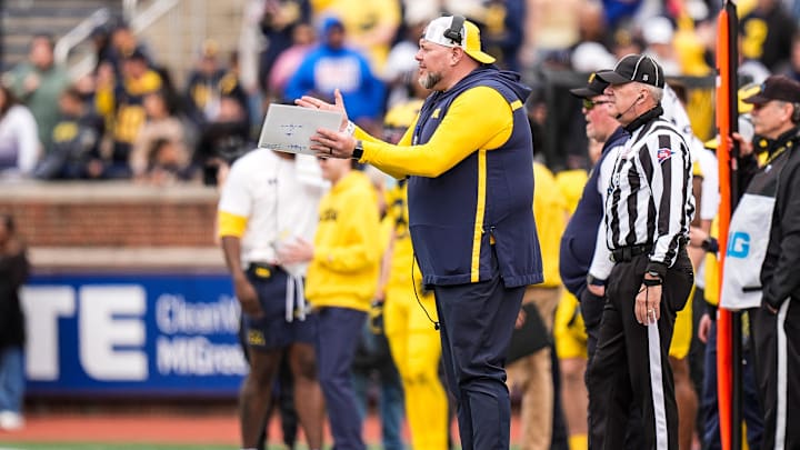 Michigan defensive line coach Lou Esposito watches a play against Team Blue during the second half of the spring game at Michigan Stadium in Ann Arbor on Saturday, April 19, 2025.
