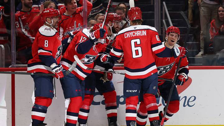Oct 17, 2026; Washington, District of Columbia, USA; Washington Capitals right wing Ryan Leonard (9) celebrates with teammates after scoring a goal against the New Jersey Devils during the first period at Capital One Arena. Mandatory Credit: Geoff Burke-Imagn Images Oct 17, 2026; Washington, District of Columbia, USA; Washington Capitals right wing Ryan Leonard (9) celebrates with teammates after scoring a goal against the New Jersey Devils during the first period at Capital One Arena. Mandatory Credit: Geoff Burke-Imagn Images