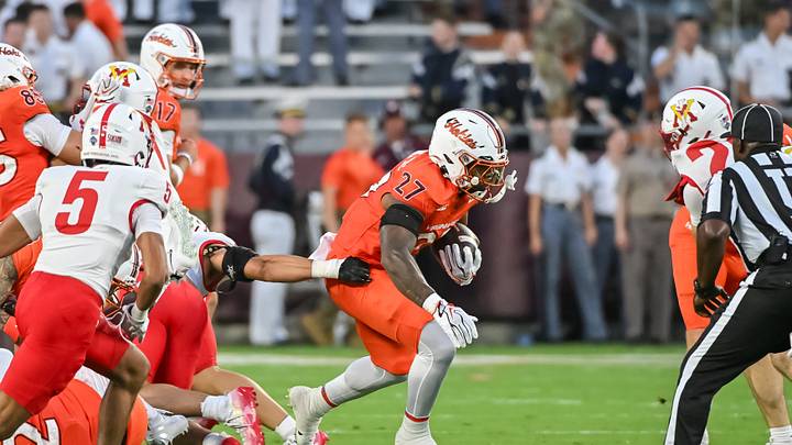 Sep 5, 2026; Blacksburg, Virginia, USA;  Virginia Tech Hokies running back Marcellous Hawkins (27) runs the ball during the first quarter at Lane Stadium.  Mandatory Credit: Brian Bishop-Imagn Images