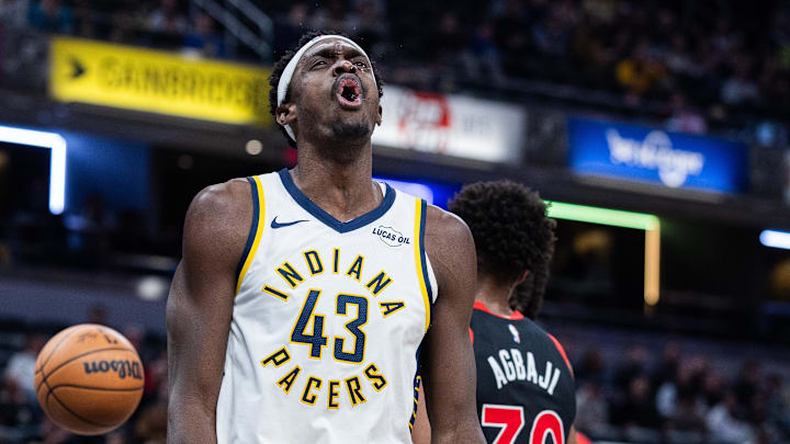 Jan 14, 2026; Indianapolis, Indiana, USA; Indiana Pacers forward Pascal Siakam (43) reacts to a made basket and foul in the second half against the Toronto Raptors at Gainbridge Fieldhouse. Mandatory Credit: Trevor Ruszkowski-Imagn Images