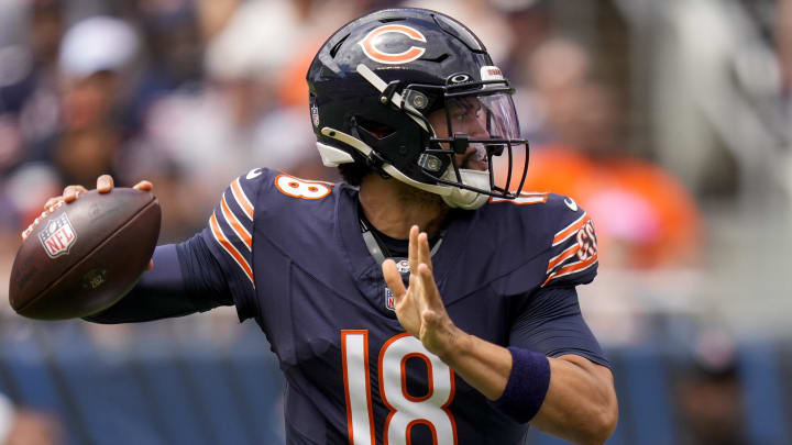Aug 17, 2024; Chicago, Illinois, USA; Chicago Bears quarterback Caleb Williams (18) throws a pass in the first quarter of the NFL Preseason Week 2 game between the Chicago Bears and the Cincinnati Bengals at Soldier Field. Mandatory Credit: Sam Greene-USA TODAY Sports Aug 17, 2024; Chicago, Illinois, USA; Chicago Bears quarterback Caleb Williams (18) throws a pass in the first quarter of the NFL Preseason Week 2 game between the Chicago Bears and the Cincinnati Bengals at Soldier Field. Mandatory Credit: Sam Greene-USA TODAY Sports