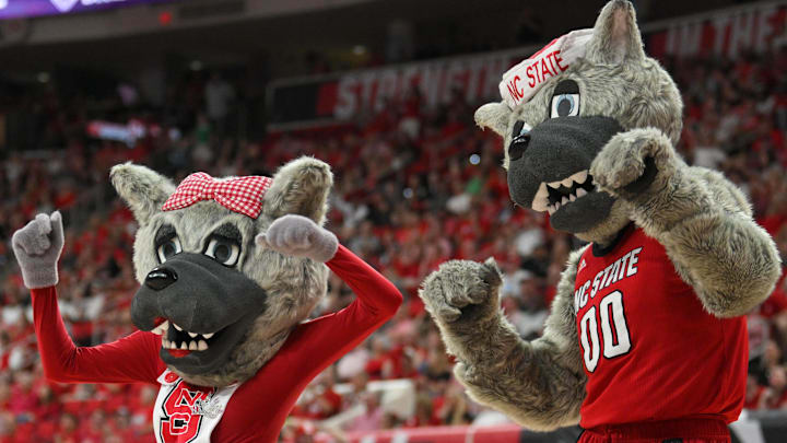 Mar 7, 2026; Raleigh, North Carolina, USA;  Mr. and Ms. Wuf dancing during the second half against the Stanford Cardinal at Lenovo Center. Mandatory Credit: Zachary Taft-Imagn Images