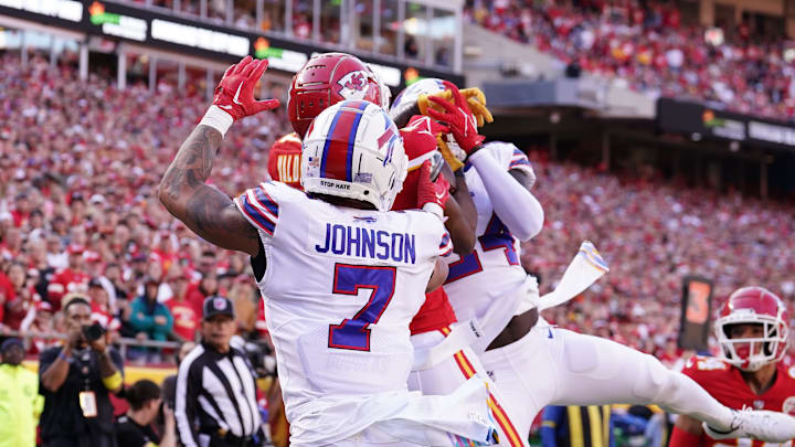 Oct 16, 2022; Kansas City, Missouri, USA; Buffalo Bills cornerback Kaiir Elam (24) intercepts a pass intended for Kansas City Chiefs wide receiver Marquez Valdes-Scantling (11) during the first half at GEHA Field at Arrowhead Stadium. Mandatory Credit: Denny Medley-Imagn Images