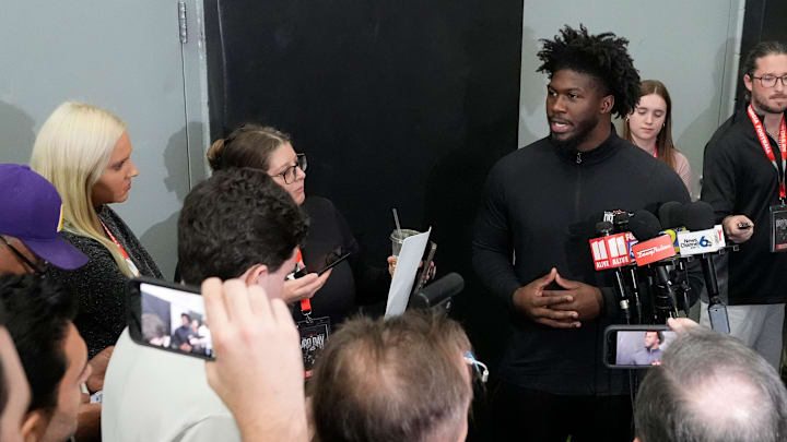 Former Georgia linebacker Jalon Walker (11) speaks with the media during UGA Footballs Pro Day in Athens, Ga., on Wednesday, March 12, 2025. Representatives from all 32 NFL teams are on hand to watch former UGA football players in action. Former Georgia linebacker Jalon Walker (11) speaks with the media during UGA Footballs Pro Day in Athens, Ga., on Wednesday, March 12, 2025. Representatives from all 32 NFL teams are on hand to watch former UGA football players in action.
