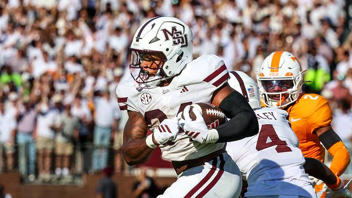 Sep 27, 2025; Starkville, Mississippi, USA; Mississippi State Bulldogs running back Fluff Bothwell (24) runs with the ball against the Tennessee Volunteers during the first half at Davis Wade Stadium at Scott Field. Mandatory Credit: Wesley Hale-Imagn Images