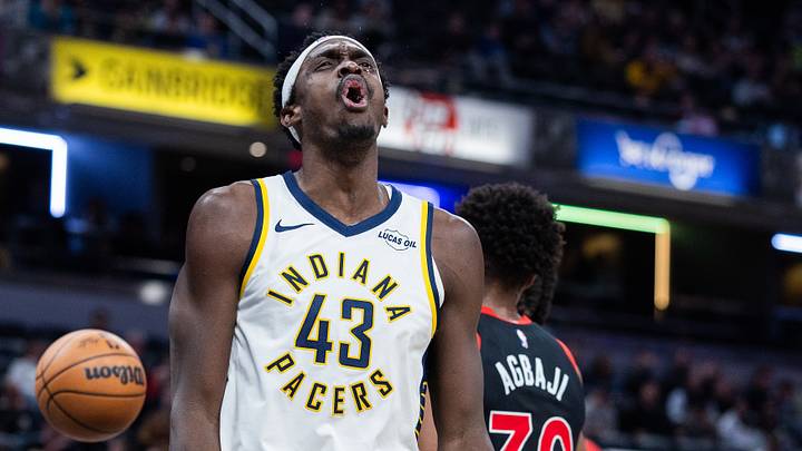 Jan 14, 2026; Indianapolis, Indiana, USA; Indiana Pacers forward Pascal Siakam (43) reacts to a made basket and foul in the second half against the Toronto Raptors at Gainbridge Fieldhouse. Mandatory Credit: Trevor Ruszkowski-Imagn Images