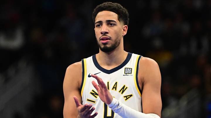 Nov 22, 2024; Milwaukee, Wisconsin, USA; Indiana Pacers guard Tyrese Haliburton (0) reacts in the third quarter against the Milwaukee Bucks at Fiserv Forum. Mandatory Credit: Benny Sieu-Imagn Images
