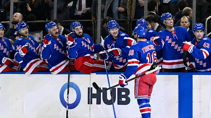 Nov 24, 2025; New York, New York, USA; New York Rangers center Vincent Trocheck (16) celebrates his goal against the St. Louis Blues during the second period at Madison Square Garden. Mandatory Credit: Dennis Schneidler-Imagn Images