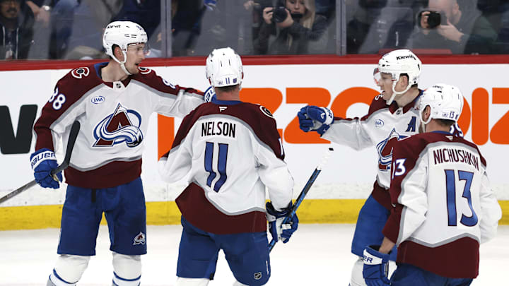 Mar 14, 2026; Winnipeg, Manitoba, CAN; Colorado Avalanche center Martin Necas (88) celebrates a goal against the Winnipeg Jets in the third period at Canada Life Centre. Mandatory Credit: James Carey Lauder-Imagn Images Mar 14, 2026; Winnipeg, Manitoba, CAN; Colorado Avalanche center Martin Necas (88) celebrates a goal against the Winnipeg Jets in the third period at Canada Life Centre. Mandatory Credit: James Carey Lauder-Imagn Images