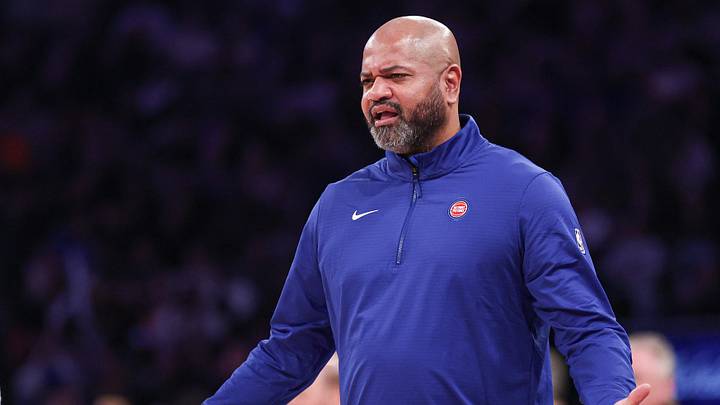 Dec 7, 2024; New York, New York, USA; Detroit Pistons head coach JB Bickerstaff reacts during the second half against the New York Knicks at Madison Square Garden. Mandatory Credit: Vincent Carchietta-Imagn Images