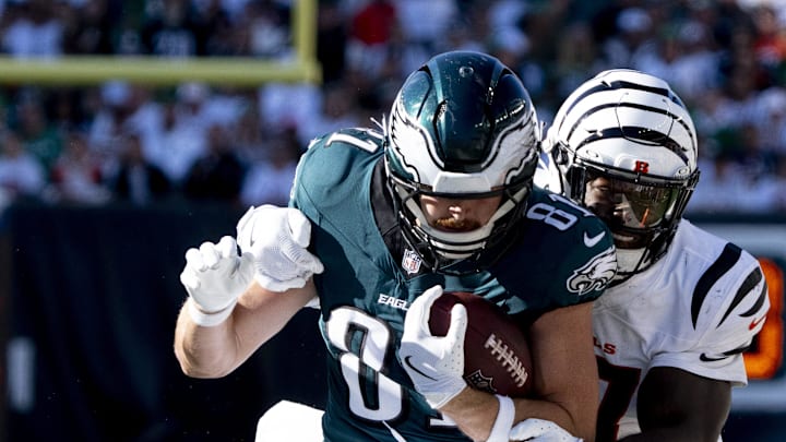 Cincinnati Bengals linebacker Germaine Pratt (57) tackles Philadelphia Eagles tight end Grant Calcaterra (81) in the fourth quarter of the NFL game at Paycor Stadium in Cincinnati on Sunday, Oct. 27, 2024. Cincinnati Bengals linebacker Germaine Pratt (57) tackles Philadelphia Eagles tight end Grant Calcaterra (81) in the fourth quarter of the NFL game at Paycor Stadium in Cincinnati on Sunday, Oct. 27, 2024.