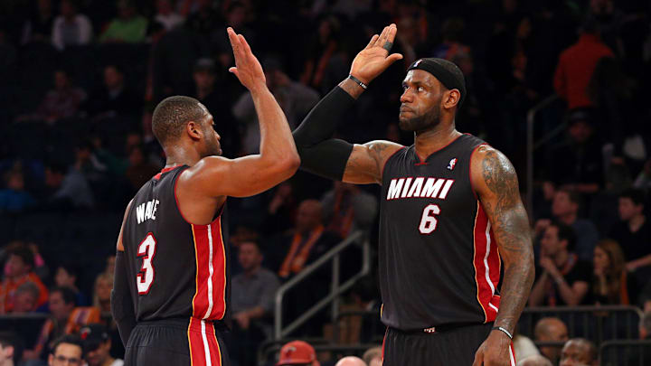 Feb 1, 2014; New York, NY, USA; Miami Heat small forward LeBron James (6) high fives Heat shooting guard Dwyane Wade (3) during the fourth quarter of a game against the New York Knicks at Madison Square Garden. The Heat defeated the Knicks 106-91. Mandatory Credit: Brad Penner-Imagn Images Feb 1, 2014; New York, NY, USA; Miami Heat small forward LeBron James (6) high fives Heat shooting guard Dwyane Wade (3) during the fourth quarter of a game against the New York Knicks at Madison Square Garden. The Heat defeated the Knicks 106-91. Mandatory Credit: Brad Penner-Imagn Images