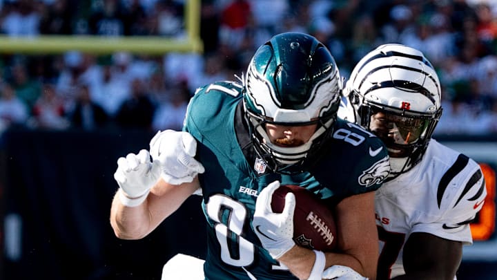 Cincinnati Bengals linebacker Germaine Pratt (57) tackles Philadelphia Eagles tight end Grant Calcaterra (81) in the fourth quarter of the NFL game at Paycor Stadium in Cincinnati on Sunday, Oct. 27, 2024.
