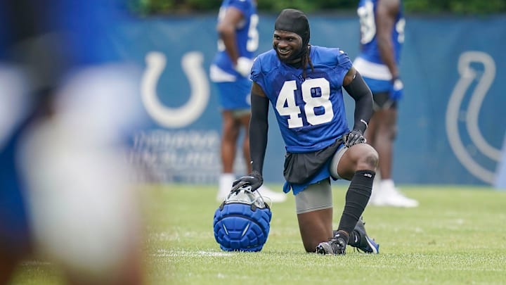 Indianapolis Colts Ronnie Harrison Jr. (48) kneels down on the field Wednesday, June 5, 2024, during practice at the Colts Practice Facility in Indianapolis. Indianapolis Colts Ronnie Harrison Jr. (48) kneels down on the field Wednesday, June 5, 2024, during practice at the Colts Practice Facility in Indianapolis.