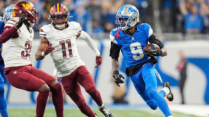 Detroit Lions wide receiver Jameson Williams (9) runs against Washington Commanders during the first half of the NFC divisional round at Ford Field in Detroit on Saturday, Jan. 18, 2025. Detroit Lions wide receiver Jameson Williams (9) runs against Washington Commanders during the first half of the NFC divisional round at Ford Field in Detroit on Saturday, Jan. 18, 2025.