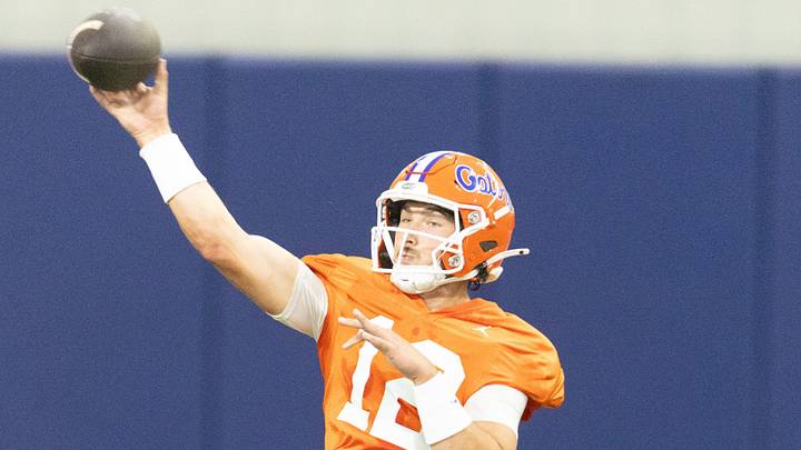 Florida quarterback Aaron Philo (12) passed during Florida Football Fall camp availability at Heavener Football Training Center in Gainesville, FL on Wednesday, August 5, 2026. [Alan Youngblood/Gainesville Sun]