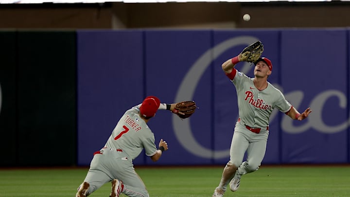 May 24, 2025; West Sacramento, California, USA; Philadelphia Phillies left fielder Weston Wilson (37) catches a fly ball against the Athletics during the tenth inning at Sutter Health Park. Mandatory Credit: Dennis Lee-Imagn Images