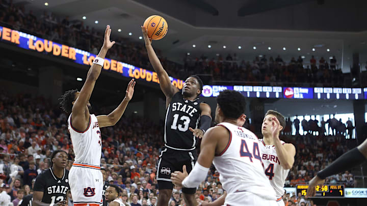 Mar 2, 2024; Auburn, Alabama, USA; Mississippi State Bulldogs guard Josh Hubbard (13) takes a shot