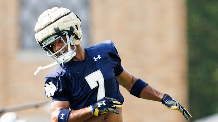 Notre Dame cornerback Jaden Mickey participates in a drill during a Notre Dame football practice at Irish Athletic Center on Wednesday, July 31, 2024, in South Bend. Notre Dame cornerback Jaden Mickey participates in a drill during a Notre Dame football practice at Irish Athletic Center on Wednesday, July 31, 2024, in South Bend.