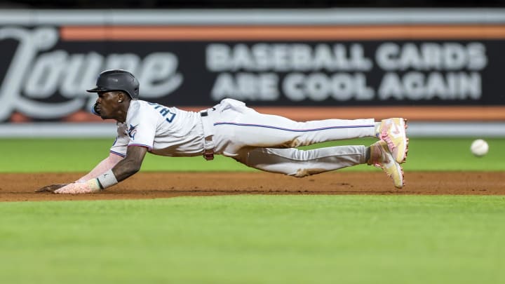 Miami Marlins center fielder Jazz Chisholm Jr. wears Air Jordan cleats on the diamond. Miami Marlins center fielder Jazz Chisholm Jr. wears Air Jordan cleats on the diamond.