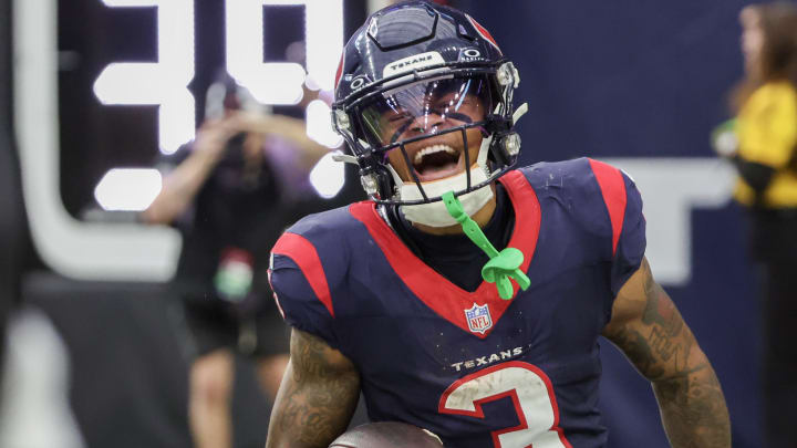 Nov 5, 2023; Houston, Texas, USA; Houston Texans wide receiver Tank Dell (3) celebrates his touchdown reception against the Tampa Bay Buccaneers in the fourth quarter at NRG Stadium. Mandatory Credit: Thomas Shea-USA TODAY Sports