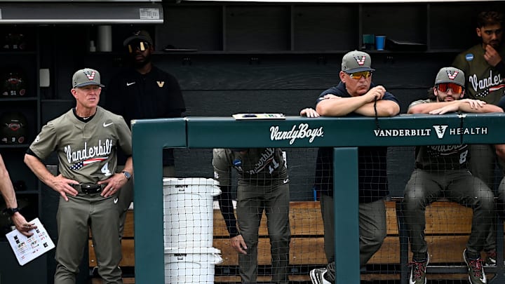 Vanderbilt head coach Tim Corbin watches the action during the third inning of the Nashville Regional NCAA Baseball Tournament elimination game against Wright State at Hawkins Field Sunday, June 1, 2025, in Nashville, Tenn.