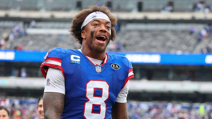Oct 4, 2026; East Rutherford, New Jersey, USA; New York Giants safety Jevon Holland (8) celebrates after defeating the Arizona Cardinals at MetLife Stadium.