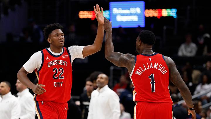 Jan 9, 2026; Washington, District of Columbia, USA; New Orleans Pelicans center Derik Queen (22) celebrates with Pelicans forward Zion Williamson (1) against the Washington Wizards in the second half at Capital One Arena. Mandatory Credit: Geoff Burke-Imagn Images Jan 9, 2026; Washington, District of Columbia, USA; New Orleans Pelicans center Derik Queen (22) celebrates with Pelicans forward Zion Williamson (1) against the Washington Wizards in the second half at Capital One Arena. Mandatory Credit: Geoff Burke-Imagn Images