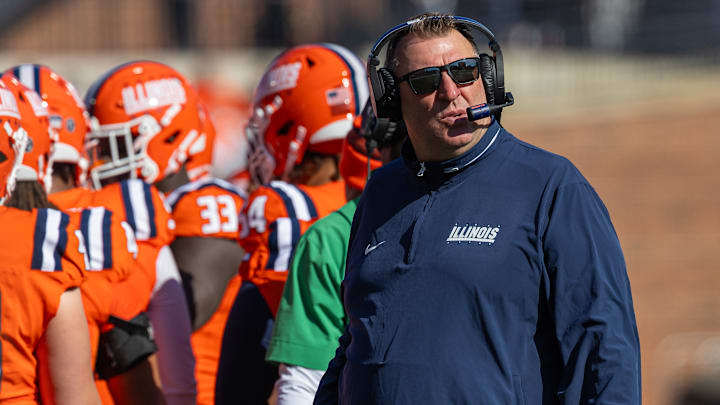 Head coach Bret Bielema of the Illinois Fighting Illini looks up at the scoreboard during the game against the Minnesota Golden Gophers at Memorial Stadium on November 2, 2024 in Champaign, Illinois.