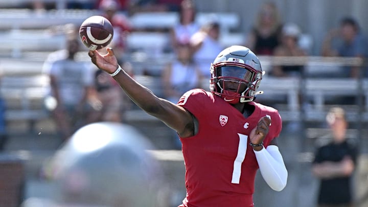 Sep 16, 2023; Pullman, Washington, USA; Washington State Cougars quarterback Cameron Ward (1) throws