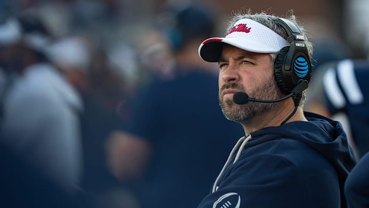 Ole Miss Head Coach Pete Golding watches on the sidelines during the first round of the College Football Playoff against Tulane at Vaught-Hemingway Stadium in Oxford, Miss., on Saturday, Dec. 20, 2025.