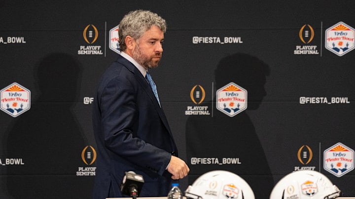 Ole Miss Head Coach Pete Golding walks to his seat during a CFP and Fiesta Bowl press conference at the JW Marriott Scottsdale Camelback Inn Resort & Spa, in Scottsdale, Ariz., on Wednesday, Jan. 7, 2026. Ole Miss Head Coach Pete Golding walks to his seat during a CFP and Fiesta Bowl press conference at the JW Marriott Scottsdale Camelback Inn Resort & Spa, in Scottsdale, Ariz., on Wednesday, Jan. 7, 2026.