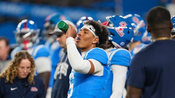 Ole Miss quarterback Trinidad Chambliss (6) is seen during warmups before the CFP Fiesta Bowl at the State Farm Stadium, in Glendale, Ariz., on Thursday, Jan. 8, 2026.