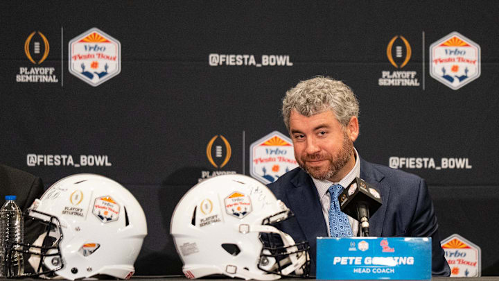 Ole Miss Head Coach Pete Golding listens to questions during a CFP and Fiesta Bowl press conference at the JW Marriott Scottsdale Camelback Inn Resort & Spa, in Scottsdale, Ariz., on Wednesday, Jan. 7, 2026.