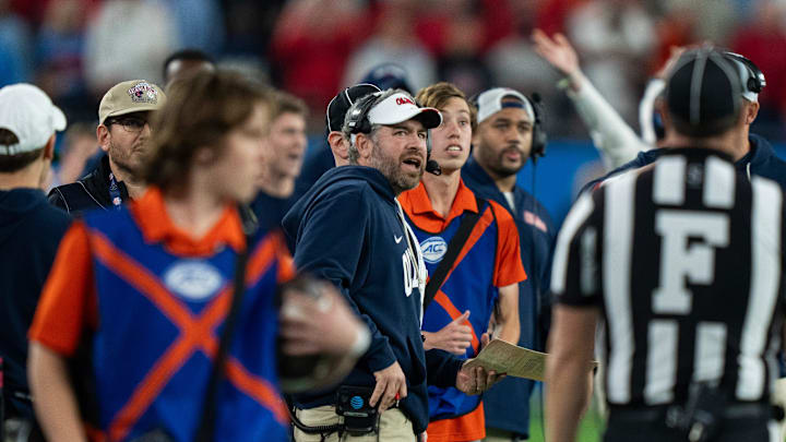 Ole Miss Head Coach Pete Golding reacts to a play during the CFP Fiesta Bowl against Miami at the State Farm Stadium, in Glendale, Ariz., on Thursday, Jan. 8, 2026.