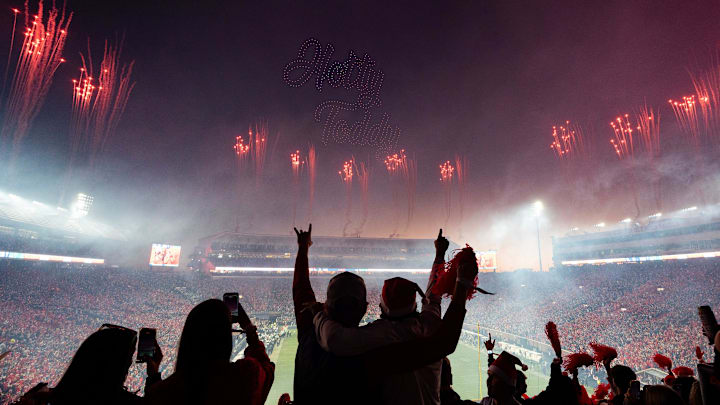 Ole Miss fans watch a drone show at the end of the third quarter in the first round of the College Football Playoff against Tulane at Vaught-Hemingway Stadium in Oxford, Miss., on Saturday, Dec. 20, 2025. Ole Miss fans watch a drone show at the end of the third quarter in the first round of the College Football Playoff against Tulane at Vaught-Hemingway Stadium in Oxford, Miss., on Saturday, Dec. 20, 2025.