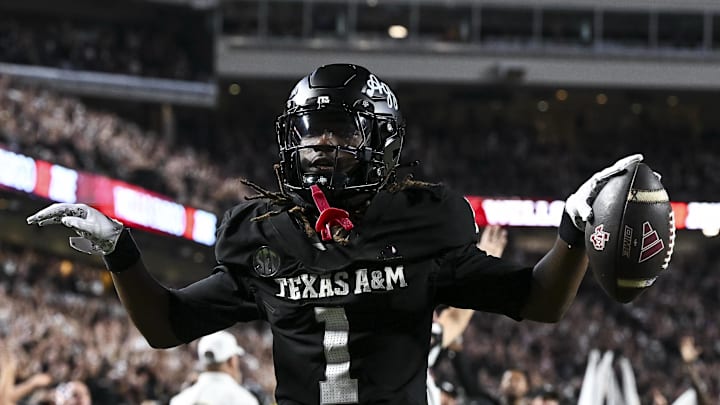 Oct 4, 2025; College Station, Texas, USA; Texas A&M Aggies wide receiver Mario Craver (1) celebrates after scoring a touchdown during the fourth quarter against the Mississippi State Bulldogs at Kyle Field. Mandatory Credit: Maria Lysaker-Imagn Images 